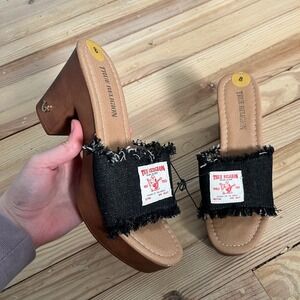 NWT True Religion Black Denim Frayed Platform Clog Mule Wood Block Heel Women 8